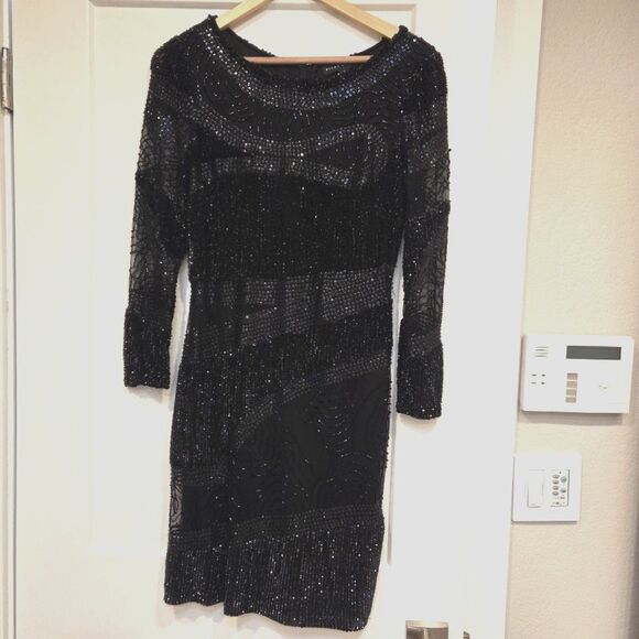 Aidan Mattox Black Sequin Beaded Sheath Evening Cocktail Long Sleeve Dress 6 - Picture 1 of 10